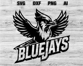 Puede incluir: Gráfico vectorial en blanco y negro de un arrendajo azul con las alas extendidas, con la palabra "BLUEJAYS" en una fuente en negrita y estilizada debajo del pájaro.