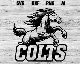 May include: Black and white illustration of a horse rearing up with its mane flowing in the wind. The word "COLTS" is written in bold white letters below the horse.