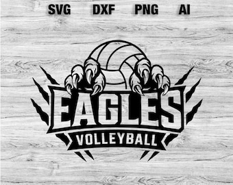 May include: Black and white Eagles Volleyball logo. A volleyball is gripped by eagle claws above the word "EAGLES" and the word "VOLLEYBALL" on a banner. The background is a wood grain pattern.