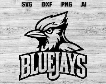 Puede incluir: Ilustración en blanco y negro de un arrendajo azul con una expresión feroz. El pájaro está posado sobre la palabra "BLUE JAYS" en una fuente audaz y estilizada.