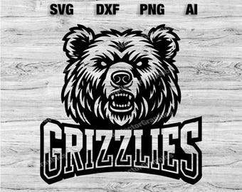 Puede incluir: Ilustración en blanco y negro de la cabeza de un oso con una expresión feroz, con la palabra "Grizzlies" en letras blancas y negritas debajo.