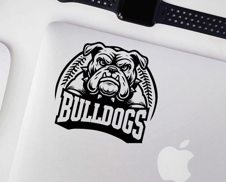 May include: Black and white illustration of a bulldog with a fierce expression. The bulldog is wearing a spiked collar and is surrounded by a baseball-themed design. The text "BULLDOGS" is written in a bold, stylized font below the bulldog.