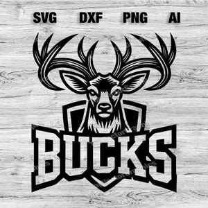 May include: Black and white graphic of a deer head with large antlers, set within a shield shape. The word "BUCKS" is prominently displayed below. The image includes file type labels: SVG, DXF, PNG, and AI.
