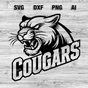 May include: Black and white illustration of a snarling cougar with the word "Cougar" written in a bold, stylised font below it.