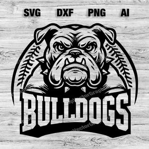 May include: Black and white illustration of a bulldog with a baseball-themed design. The bulldog is wearing a collar with spikes and the text "BULLDOGS" is below the bulldog.