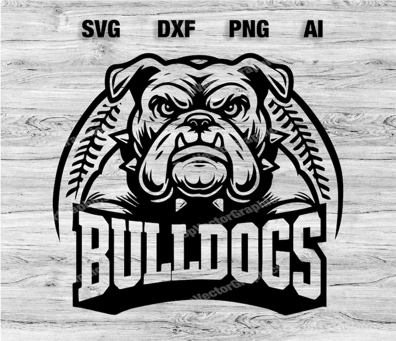 May include: Black and white illustration of a bulldog with a baseball-themed design. The bulldog is wearing a collar with spikes and the text "BULLDOGS" is below the bulldog.