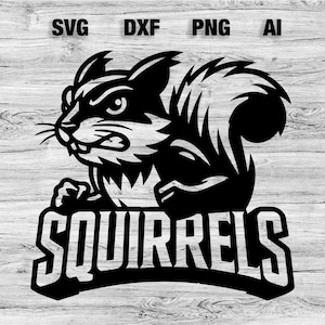 May include: Black and white illustration of a cartoon squirrel with a fierce expression. The squirrel is holding its paws up in a defensive stance. The text "SQUIRRELS" is written in a bold, stylized font below the squirrel.