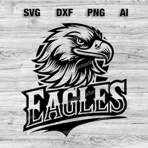May include: Black and white graphic of an eagle's head with the word "EAGLES" in a stylized font. The image is a vector design, suitable for various applications. The background is a light wood grain.