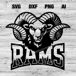 May include: Black and white silhouette of a ram's head with large horns and the word "RAMS" in a bold, stylized font.