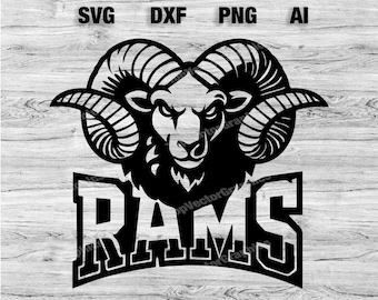 May include: Black and white silhouette of a ram's head with large horns and the word "RAMS" in a bold, stylized font.