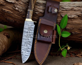 11.4" Damascus Steel Hunting Knife with Rose Wood Handle | Handcrafted Knife with Leather Sheath, gift for him, Christmas gift ideas
