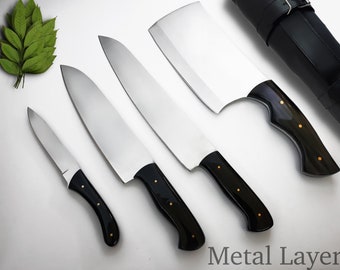 Hand Crafted Kitchen knife set- kitchen tools for cutting- chef knife set of 4 pcs with leather kit - sharp kitchen knives gift