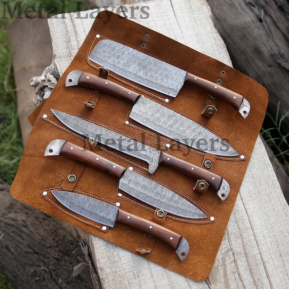 Hand forged Damascus steel knife set with Leather kit- hand Crafted kitchen knives- Chef knife set of 5 pcs, best gift for him