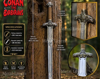 May include: A Conan the Barbarians sword with a metallic blade and a wrapped handle. The sword features a total length of 39.5 inches, a blade length of 28 inches, and a handle length of 11.5 inches. The crossguard has ornate metal detailing.