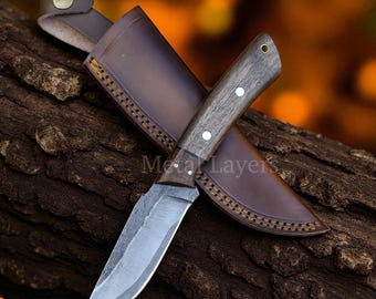 8.6" San-Mai Pattern Knife with Burl Wood and Brass Handle | Handcrafted Bushcraft Knife with Leather Sheath, best gift for him, gift ideas