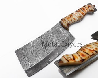 Damascus Cleaver knife, handmade butcher knife, heavy duty chopper knife with leather sheath, best gift for him