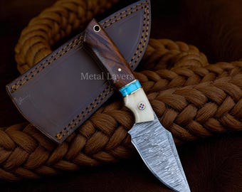 Compact Damascus Steel Knife with Firestorm Blade, Rosewood, Bone, and Turquoise Handle – best gift for him, anniversary gifts.