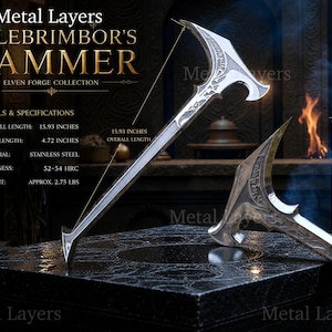 Könnte beinhalten: Ein Hammer aus Edelstahl aus der Elven Forge Collection mit einer Gesamtlänge von 40.46 cm und einer Kopflänge von 12 cm. Der Hammer wiegt ca. 1.25 kg. Der Text "CELEBRIMBOR'S HAMMER" ist sichtbar.