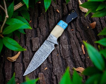 9" Damascus Steel Knife with G10 Micarta Handle, Handcrafted Knife with Leather Sheath for Hunting, christmas gift, birthday gift for him