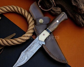 10" Damascus Steel Twist Pattern Knife with Rosewood, Bone, and Brass Handle | Handcrafted Hunting Knife with Leather Sheath