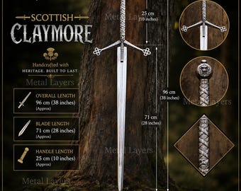 May include: A Scottish Claymore sword with an overall length of 38 inches, a 28-inch blade, and a 10-inch handle. The metal sword features an intricate hilt with a crossguard and a pommel. Text on the image includes Scottish Claymore.