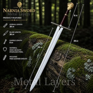 Könnte beinhalten: Silbernes Narnia-Schwert mit einer 76 cm langen Klinge und einem 20 cm langen Griff, mit einem Knauf in Form eines goldenen Löwenkopfes. Die Gesamtlänge beträgt 96 cm. Hergestellt aus hochwertigem Edelstahl, inklusive Lederscheide.