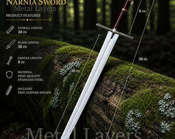May include: A silver Narnia sword with a 30-inch blade and an 8-inch handle, featuring a gold lion head pommel. The overall length is 38 inches. The sword is made of high-quality stainless steel and includes a free leather sheath.