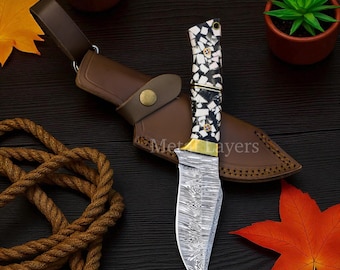 Hand-Forged Damascus Steel Knife with Firestorm Pattern - Custom Hunting Knife, Gift ideas, best gift for him, christmas gift