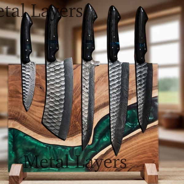 Hand crafted Damascus steel knife set with Leather kit- kitchen knife - Chef knife-set of 5 pcs best gift for him