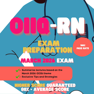 May include: A teal and pink exam preparation graphic for the OIIQ-RN exam. The design includes the text "OIIQ-RN", "Exam Preparation", and "March 2026 Exam". It also features a 100% pass rate claim and a guarantee of a higher score.