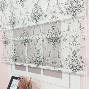 Customizable shades roller blind | Made for day and night use | For Living Room & Bedroom | Black Damask Dual-Layer Tulle and Roller Blind