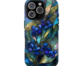 Blueberry Fruit Stained Glass Effect Tough Phone Case for iPhone 17 16 15 14 12 11 8 Pro Max Samsung  S26 S25 S24 S23 S22 S21 Plus Ultra