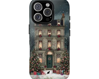 Weihnachts Motiv Handytasche: Schwarze Katze & Viktorianisches Haus für iPhone 17 16 15 14 12 11 8 Pro MAX Samsung S21 S22 S23 S24 S25 Plus Ultra Ultra
