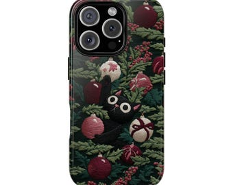 Schwarze Katze im Weihnachtsbaum Handyhülle: Niedliches Kitty Design für iPhone 17 16 15 14 12 11 8 Pro MAX Samsung S21 S22 S23 S24 S25 Plus Ultra