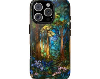 Forest & Wildflowers Stained Glass Effect Tough Phone Case for iPhone 18 17 16 15 14 12 11 8 Pro Max Samsung  S26 S25 S24 S23 S22 Plus Ultra