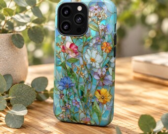 Ästhetische, robuste Handyhülle mit Wildblumen-Buntglas-Effekt für iPhone 18, 17, 16, 15, 14, 12, 11, 8 Pro Max und Samsung S26, S25, S24, S23, S22 Plus Ultra