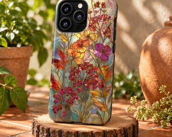 Wildflower Stained Glass Effect Tough Phone Case for iPhone 18 17 16 15 14 12 11 8 Pro Max Samsung  S26 S25 S24 S23 S22 Plus Ultra