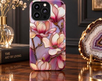 Robuste Handyhülle mit rosafarbenem Magnolien-Buntglas-Mosaik-Effekt für iPhone 18, 17, 16, 15, 14, 12, 11, 8 Pro Max und Samsung S26, S25, S24, S23, S22 Plus Ultra