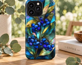 Robuste Handyhülle mit Blaubeer-Motiv und Buntglas-Effekt für iPhone 17, 16, 15, 14, 12, 11, 8 Pro Max und Samsung S26, S25, S24, S23, S22, S21 Plus Ultra