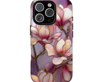 Pink Magnolia Stained Glass Mosaic Effect Tough Phone Case for iPhone 18 17 16 15 14 12 11 8 Pro Max Samsung  S26 S25 S24 S23 S22 Plus Ultra