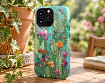 Niedliche, robuste Handyhülle mit Wildblumen-Buntglas-Effekt für iPhone 18, 17, 16, 15, 14, 12, 11, 8 Pro Max und Samsung S26, S25, S24, S23, S22 Plus Ultra