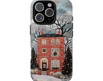 Red Christmas House Phone Case: Cosy Winter Landschaft Motiv für iPhone 17 16 15 14 12 11 8 Pro MAX Samsung S21 S22 S23 S24 S25 Plus Ultra Ultra