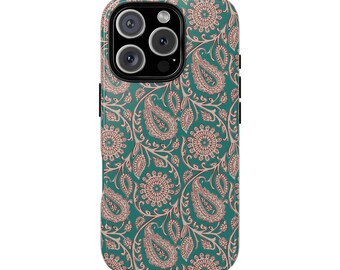 Robuste Handyhülle mit kunstvollem Paisley-Muster im Blockdruck-Stil für iPhone 17, 16, 15, 14, 12, 11, 8 Pro Max und Samsung S26, S25, S24, S23, S22, S21 Plus Ultra