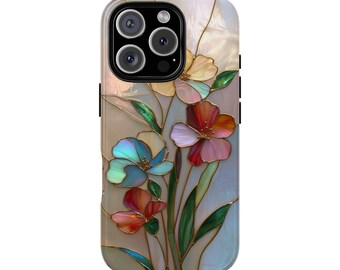 Wildblumen Glasmalerei-Mosaik-Effekt Tough Phone Case für iPhone 17 16 15 14 12 11 8 Pro Max Samsung S26 S25 S24 S23 S22 S21 Plus Ultra Ultra