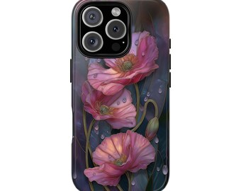 Poppies & Raindrops Stained Glass Effect Tough Phone Case for iPhone 17 16 15 14 12 11 8 Pro Max Samsung  S26 S25 S24 S23 S22 S21 Plus Ultra