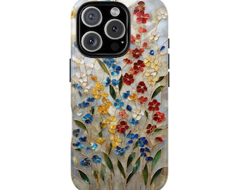 Wildblumen Glasmalerei-Mosaik-Effekt Tough Phone Case für iPhone 17 16 15 14 12 11 8 Pro Max Samsung S26 S25 S24 S23 S22 S21 Plus Ultra Ultra