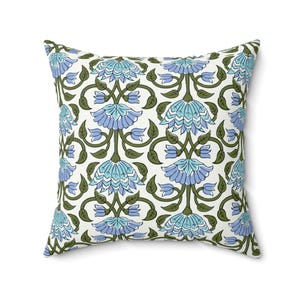 Floral ethnic folk blue green white block print style flowers square printed polyester throw pillow cushion sizes 14&quot; 16&quot; 18&quot; 20&quot;