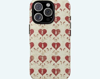 iPhoneケース アンティーク調のハート柄 赤いハート 使い古されたヴィンテージスタイル 明るい背景 iPhone 16 15 14 12 11 8 X XR XS Pro MAX