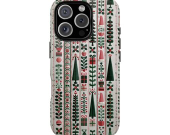 Cute Retro Scandinavian Design Christmas Tough Phone Case for iPhone 18 17 16 15 14 12 11 8 Pro Max Samsung  S26 S25 S24 S23 S22 Plus Ultra