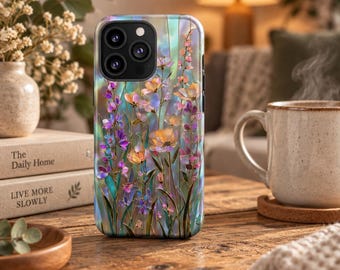 Robuste Handyhülle mit Wildblumen-Buntglas-Effekt für iPhone 18, 17, 16, 15, 14, 12, 11, 8 Pro Max und Samsung S26, S25, S24, S23, S22 Plus Ultra